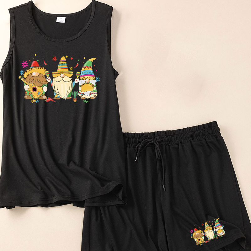 

Women's Plus Set, Plus Size Gnomes Print Round Neck Tank Top & Shorts Pajamas 2 Piece Set