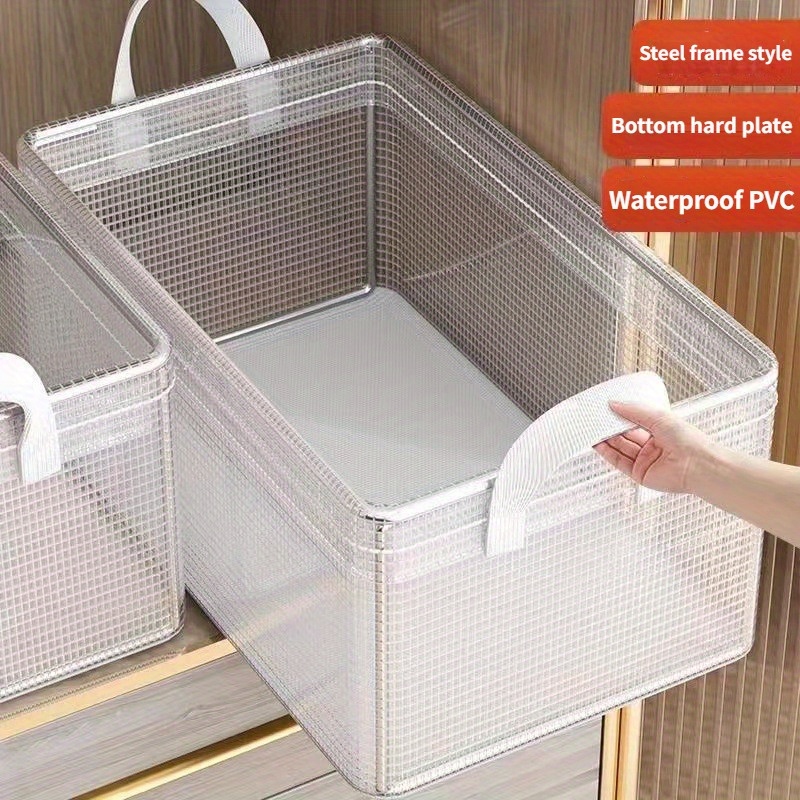 

1pc Pvc Clothing Storage Boxes With Steel Frame, Classic Style Thickened Fabric Wardrobe Organizer For Clothing And Pants, Sorting Baskets With Handles