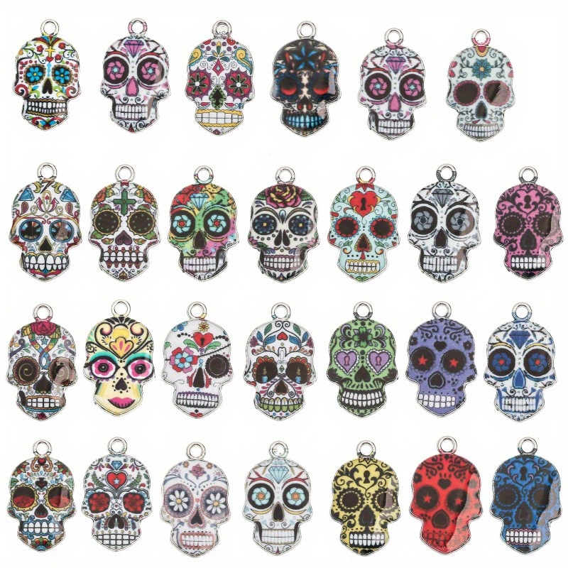 

30pcs Assorted Day Of Dead Pendants, Colorful Enamel Alloy Charms, Diy Jewelry Making For Earrings, Necklaces, Bracelets, Halloween Craft Supplies
