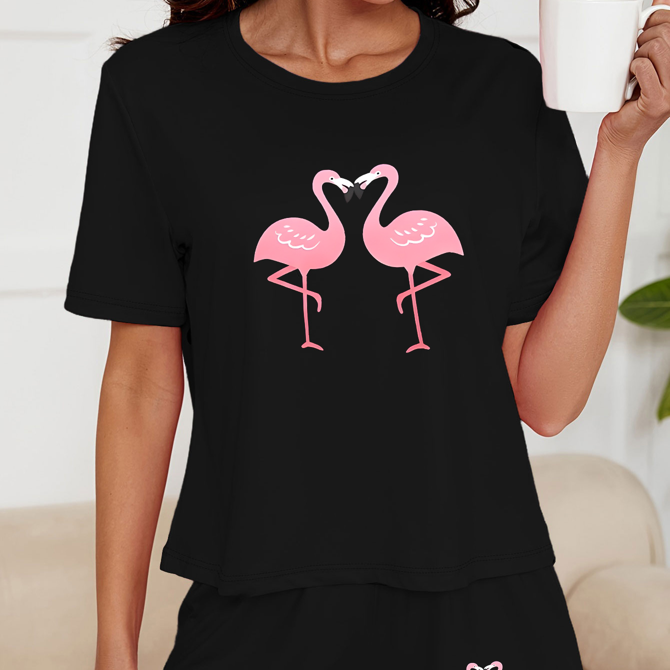 

Cartoon Flamingo Print Loose Fit Lounge Set, Casual Short Sleeve Round Neck T-shirt & Elastic Shorts, Women's Loungewear