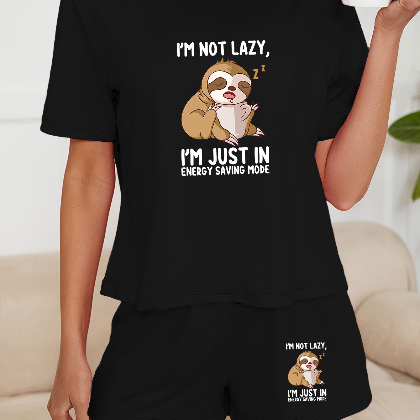 

Cute Sloth & Slogan Print Loose Fit Lounge Set, Short Sleeve Round Neck T-shirt & Elastic Shorts, Women's Loungewear