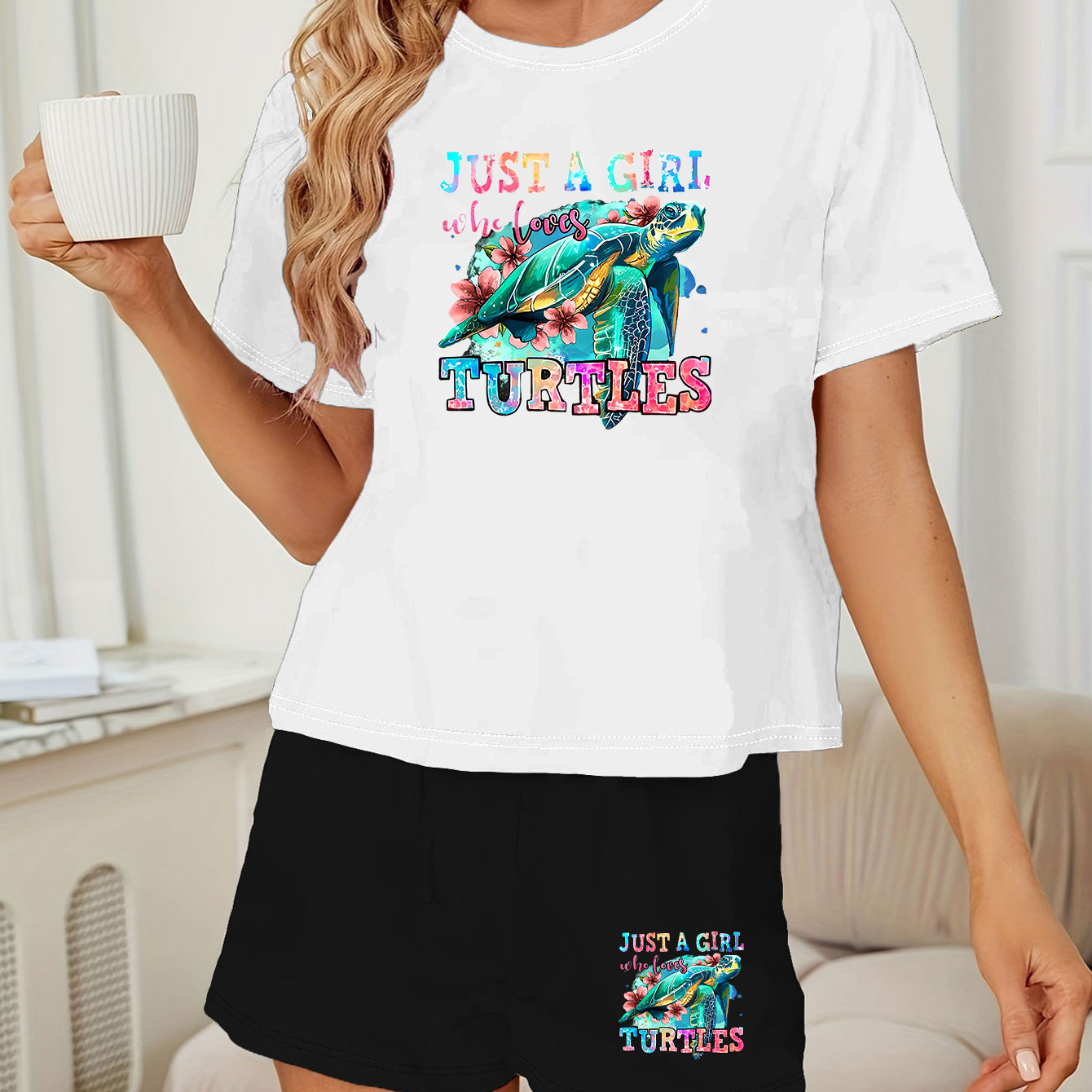 

Sea Turtle & Slogan Print Loose Fit Lounge Set, Casual Short Sleeve Round Neck T-shirt & Elastic Shorts, Women's Loungewear