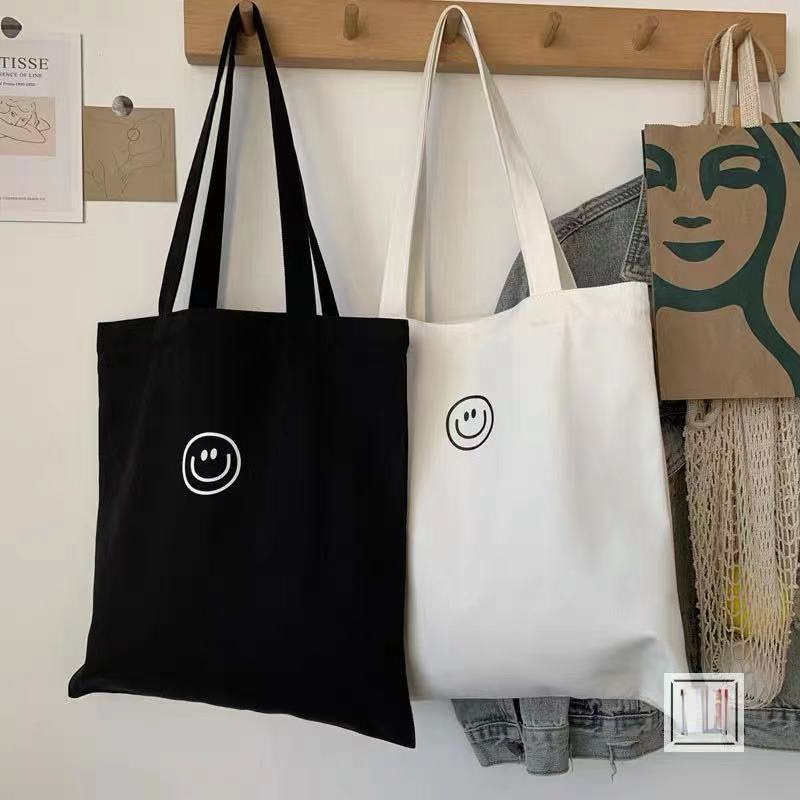 

Canvas Tote Bags, Smile Face Design, Large Capacity Shoulder Bags, Casual Student Book Bag, Durable Material