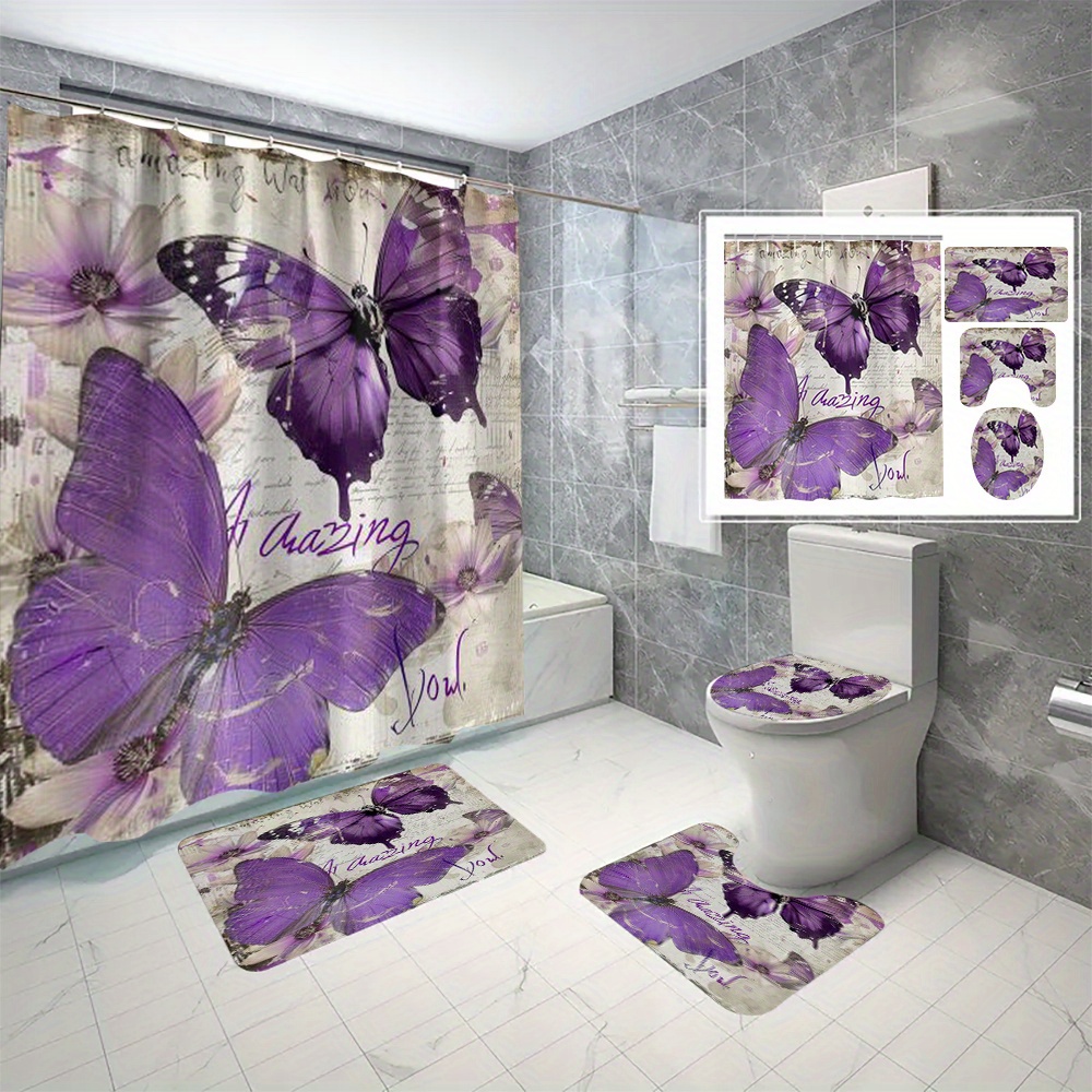 

4pcs Butterfly Pattern Shower Curtain Set, Waterproof Shower Curtain With Non-slip Rug, Toilet Lid Cover, And Bath Mat, Easy Install With C-type Hooks, Bathroom Accessories
