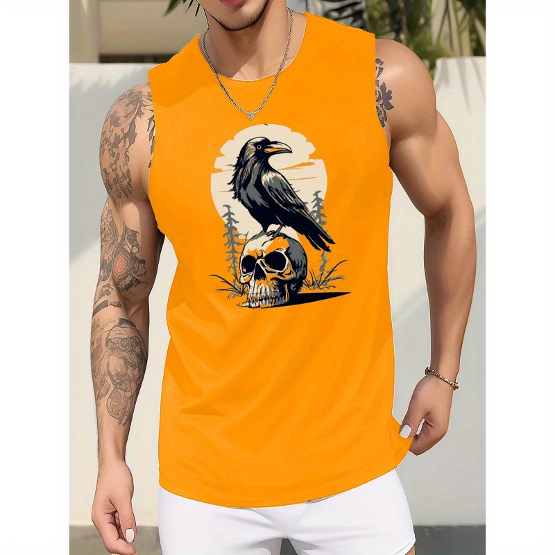 

Skull And Crow Print Men's Summer Quick Dry Moisture-wicking Breathable Tank Tops Athletic Gym Bodybuilding Sports Sleeveless Shirts, For Workout Running Training Men's Clothes
