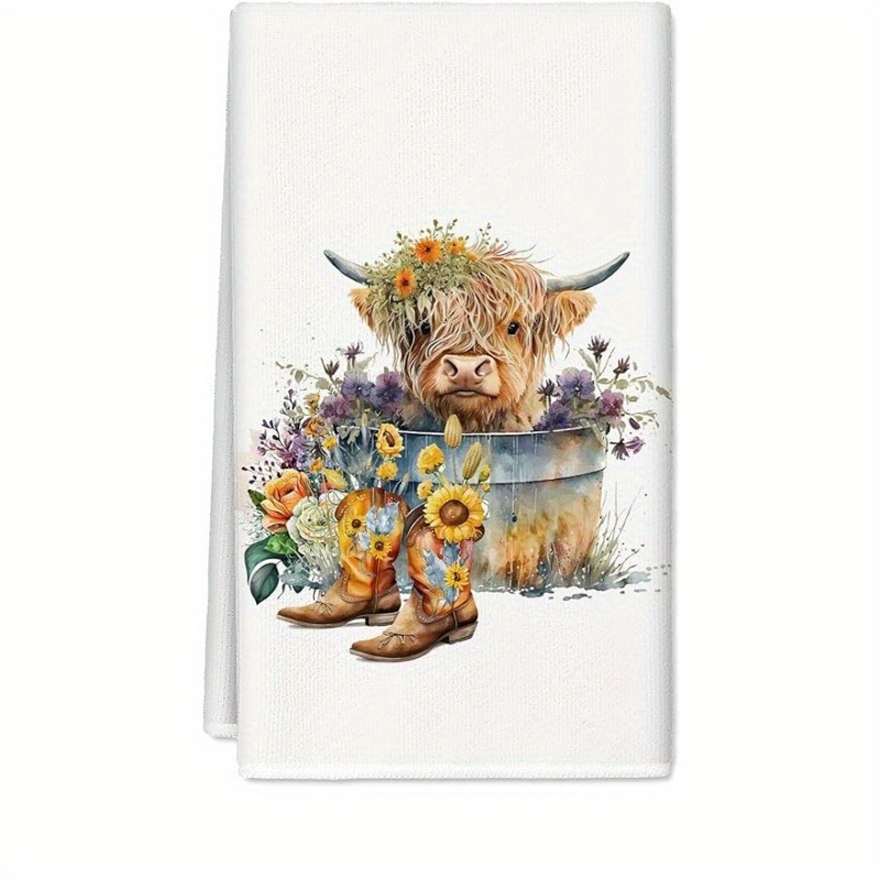 

1pc, Hand Towel, Rustic Farmhouse Highland Cow Tea Towel, Polyester Contemporary, Multifunctional For Kitchen And Dining, Dish Towel, Napkin, Mat, Ideal For Parties And Afternoon Tea Decor