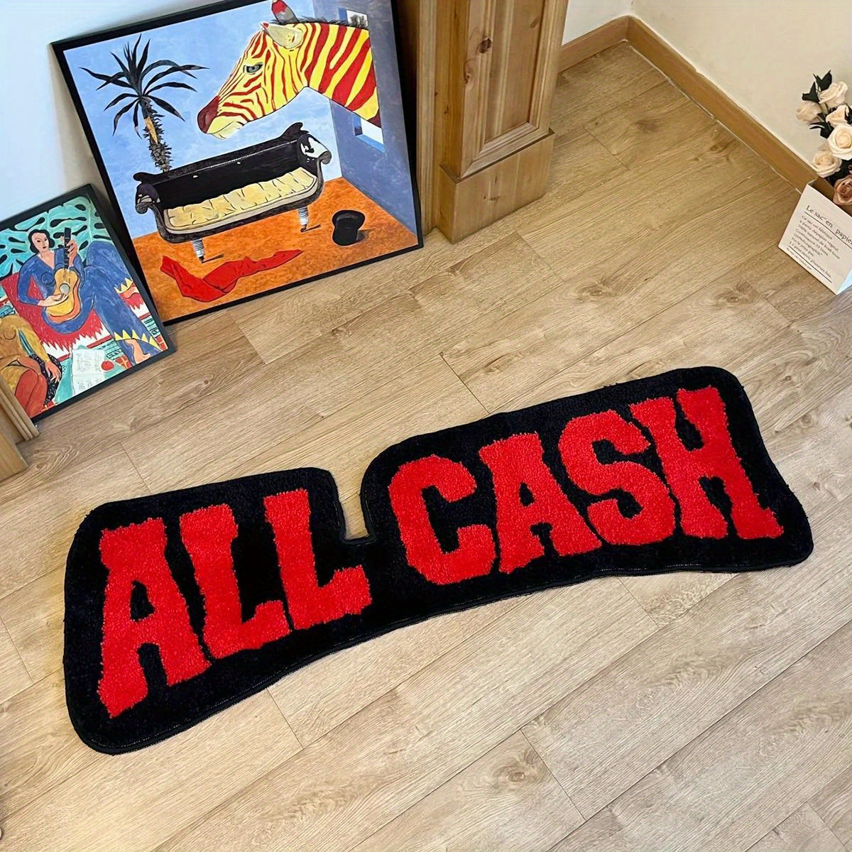 

All Cash Bold Red Text Accent Rug, Soft Comfortable Non-slip Water Absorbent Polyester Area Rug For Living Room Bedroom Bathroom Decor, Machine Washable, Tpr Slip-resistant Backing, Thick Plush Pile