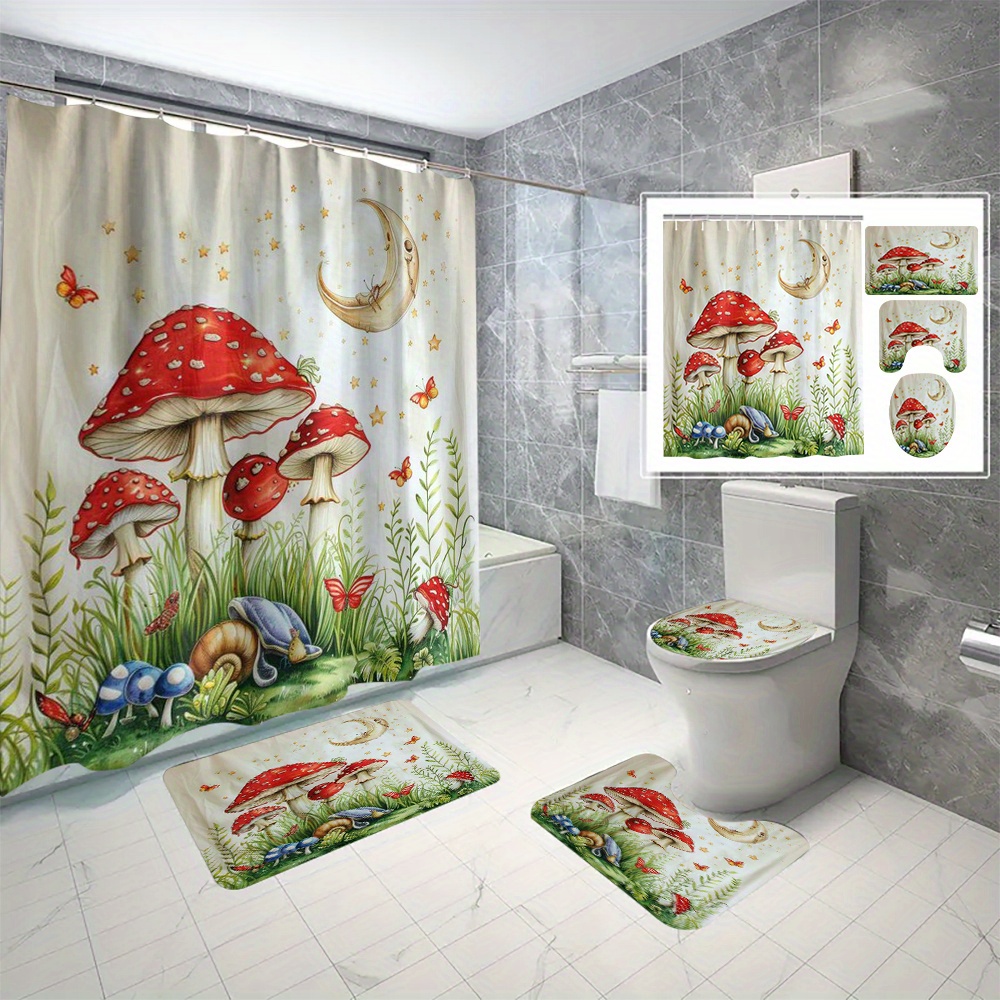 

4pcs Moon Mushroom Pattern Shower Curtain Set, Waterproof Partition Curtain With C-type Hooks, Non-slip Rug, Toilet Lid Cover, And U-shape Mat, Bathroom Decor Accessories