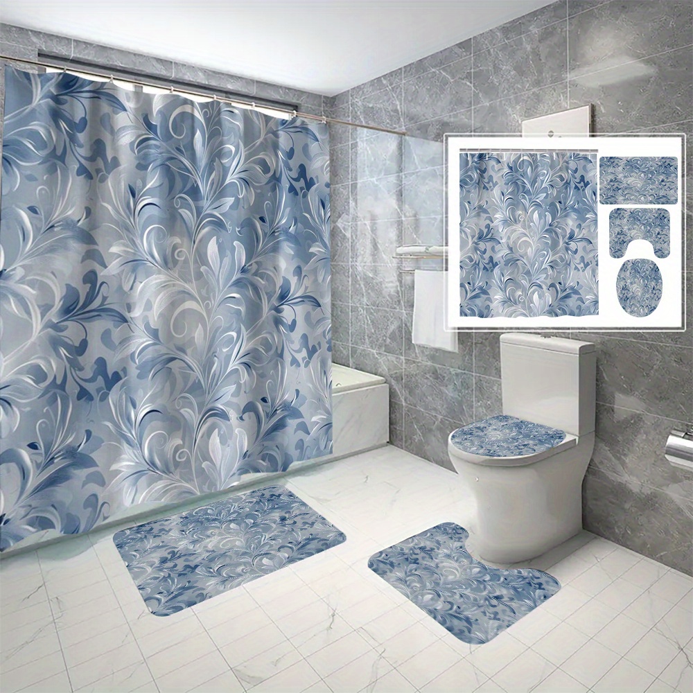 

4pcs Blue Leaf Pattern Shower Curtain Set, Waterproof Partition Curtain With C-type Hooks, Non-slip Rug, Toilet Lid Cover, And U-shape Mat, Bathroom Decor Accessories