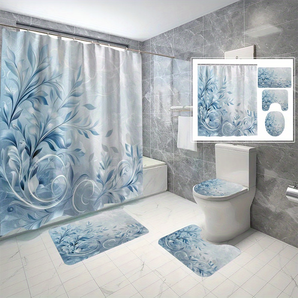 

4pcs/set Blue Floral Leaf Pattern Bathroom Set, Waterproof And Mildew-resistant Shower Curtain With 12 C-type Hooks, Non-slip Bath Mat, Toilet Lid Cover, Pedestal Rug, Elegant Home Decor