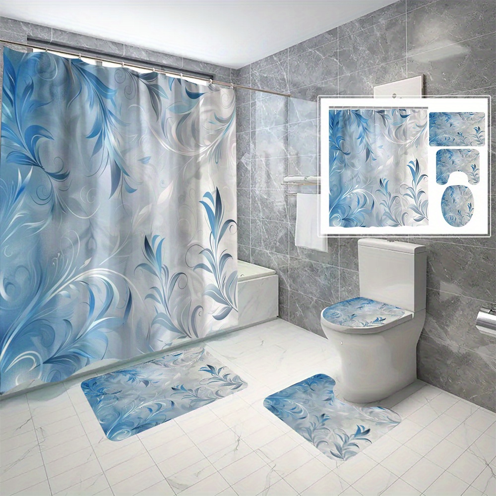 

4pcs Blue Leaf Pattern Shower Curtain Set, Shower Curtain With 12 Hooks, Non-slip Bath Mat, U-shaped Toilet Mat, Toilet Mat, Bathroom Accessories