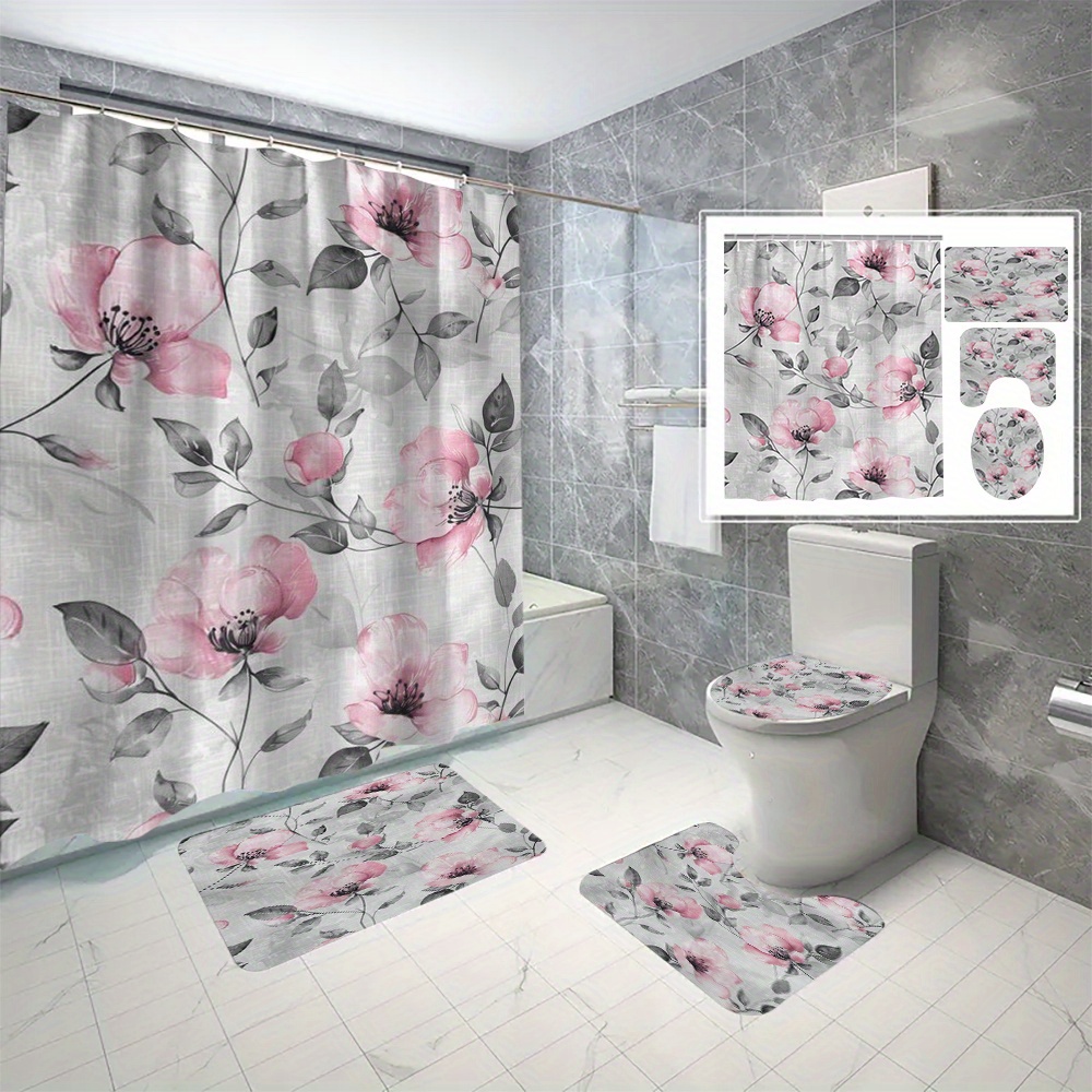 

4pcs/set Pink Floral Shower Curtain Set, Waterproof & Mildew Resistant, Includes 12 C-type Hooks, Matching Bathroom Mats And Toilet Cover, Feminine Decor For Home