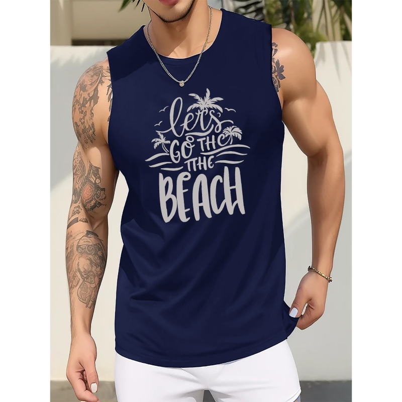 

Beach And Coconut Trees Print Men's Summer Quick Dry Moisture-wicking Breathable Tank Tops Athletic Gym Bodybuilding Sports Sleeveless Shirts, For Workout Running Training Men's Clothes