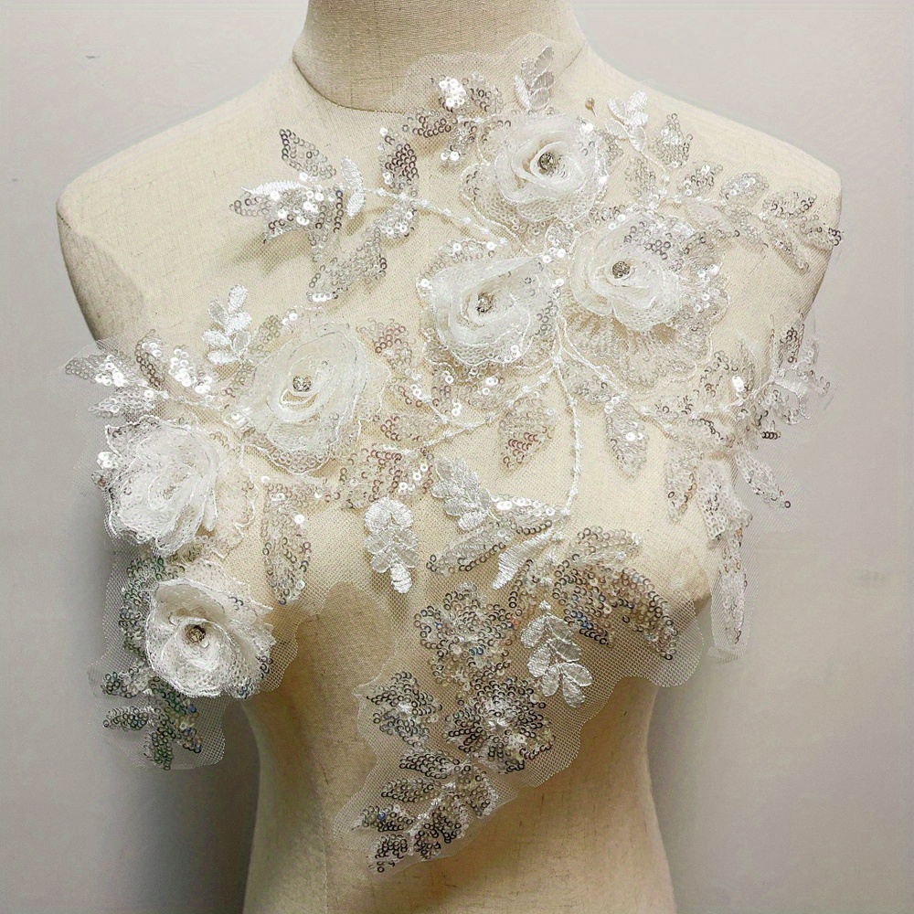 

1pc Elegant Lace Floral Applique With Crystal Sequins - Intricate For Diy Wedding Dress & Costume Accessories