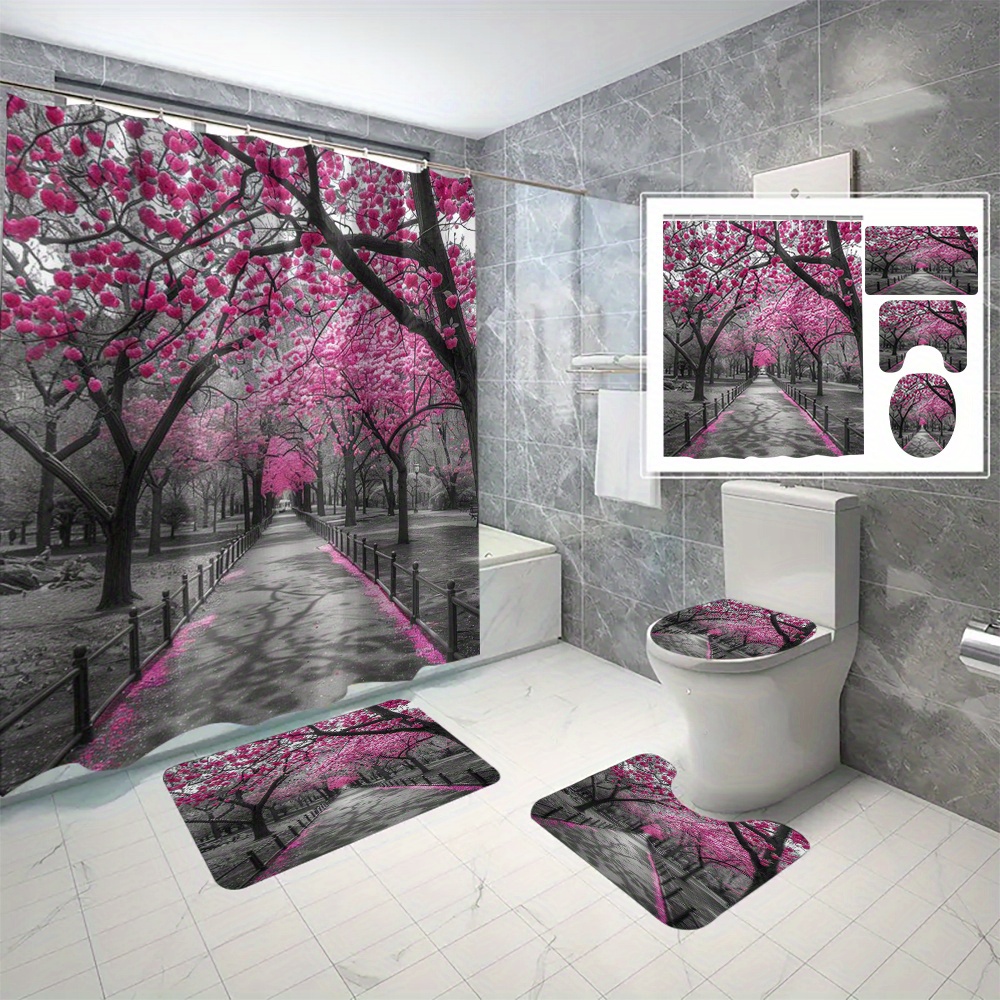 

4pcs Cherry Landscape Pattern Shower Curtain Set, Waterproof Shower Curtain With Non-slip Rug, Toilet Lid Cover, And Bath Mat, Easy Install With C-type Hooks, Bathroom Decor Accessories