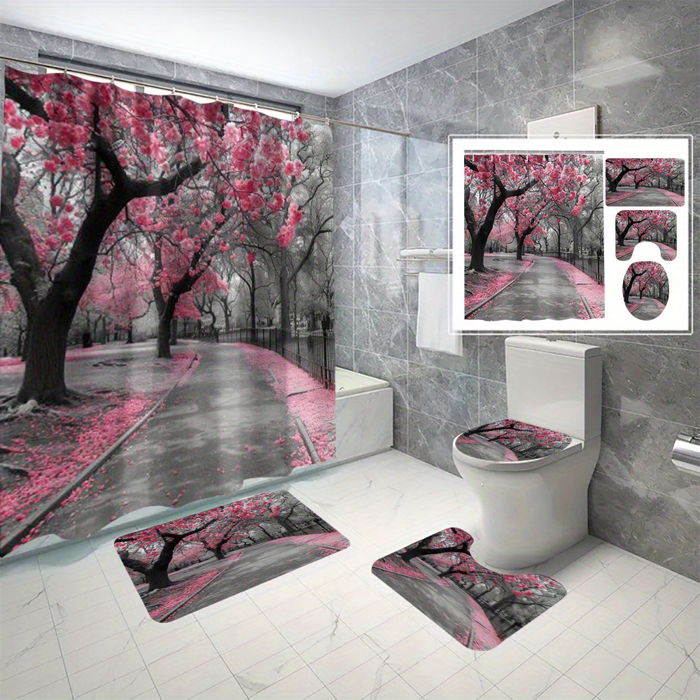 

4pcs/set Cherry Bathroom Set, Waterproof & Antimicrobial Shower Curtain (70.8x70.8 Inches) With Bath Mat, Toilet Lid Cover, U-shaped Pedestal Rug, Pink Scenery Design With C-type Hooks