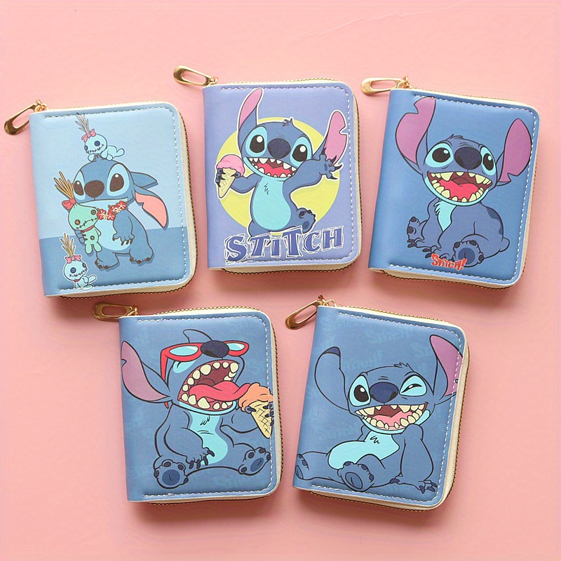 

Disney Stitch Themed Wallets, Short Zip-up Coin Purse With Cartoon Print, Mini Pu Leather Card Holder