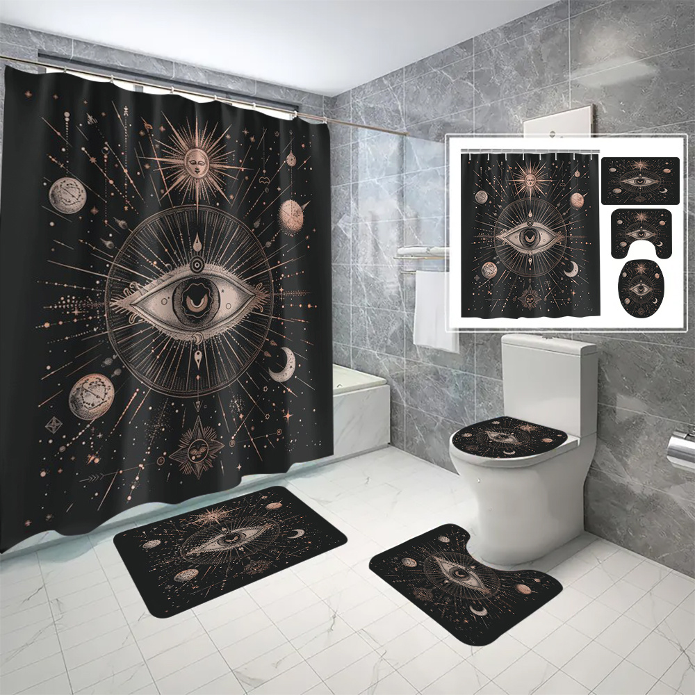 

4pcs Mystic Eye Space Pattern Shower Curtain Set, Waterproof Partition Curtain With C-type Hooks, Non-slip Rug, Toilet Lid Cover, And U-shape Mat, Bathroom Decor Accessories