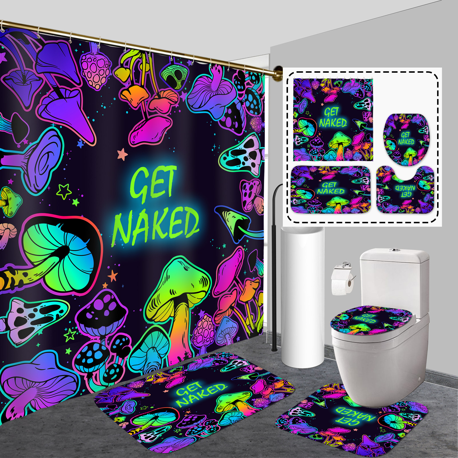 

1/4pcs Fantasy Mushroom Print Pattern Shower Curtain Set, Shower Curtain With 12 Hooks, Non-slip Bath Mat, U-shaped Toilet Mat, Toilet Mat, Bathroom Decor Accessories