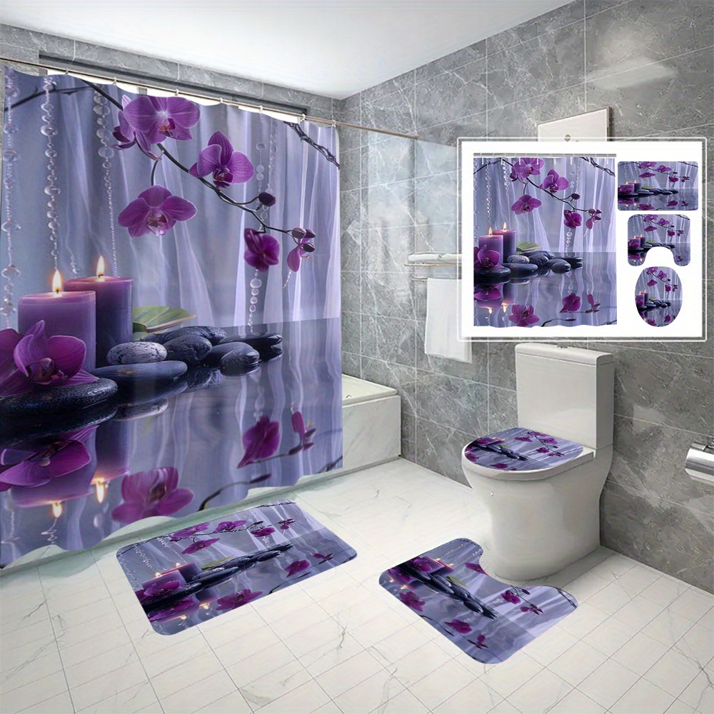 

4pcs Floral Serenity Shower Curtain Set, Waterproof With Non-slip Rugs, Toilet Lid Cover And Bath Mat, Purple Orchid Design, Includes 12 C-type Hooks, Bathroom Decor