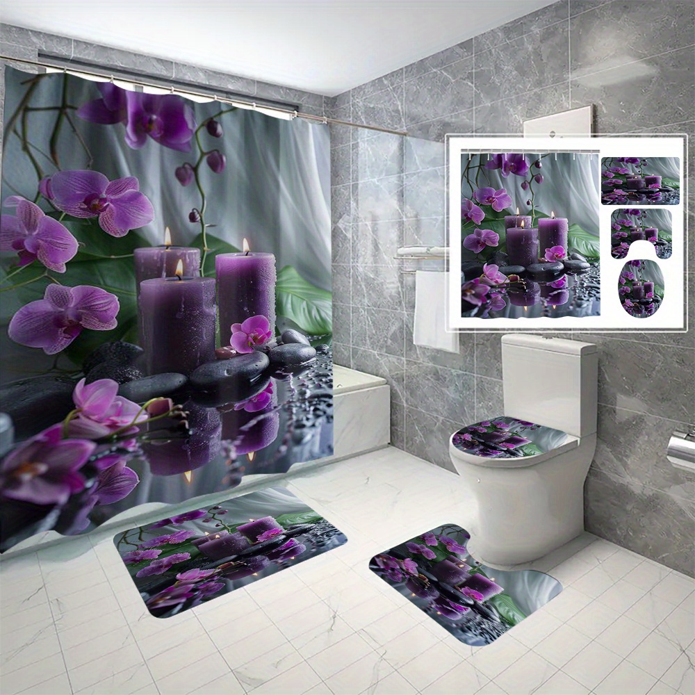 

4pcs Purple Floral Candle Pattern Set, Waterproof With Non-slip Rug, Toilet Lid Cover, And Bath Mat, Easy Install With C-type Hooks, Bathroom Decor Accessories