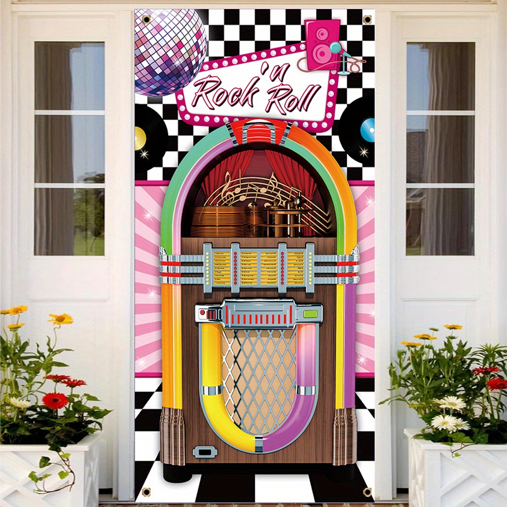 

1pc, Jukebox Box Cutout Rock Door Cover Banner, Polyester, Colorful Background Porch Sign Party Front Door Hanging Banner Home Mural Decor 70x35 Inch