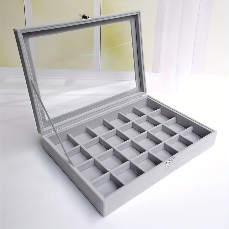 item picture 24 grid gray recycled wood jewelry organizer box with magnetic closure velvet lined interior contemporary desktop storage for watches earrings   decor jewelry organizer storage