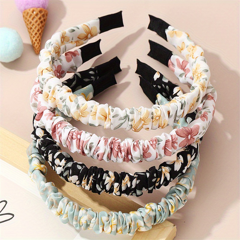 Image of 4pcs Sweet Floral Print Pleated Headband Set - Chic & Versatile Hair Accessories For Girls, Perfect For Casual Attire, Girls Hair Accessories