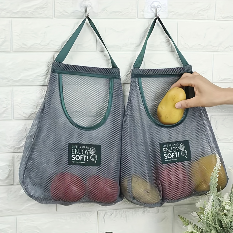 1pc versatile kitchen storage bag for fruits vegetables wall mounted organizer for garlic ginger onions breathable mesh design details 2