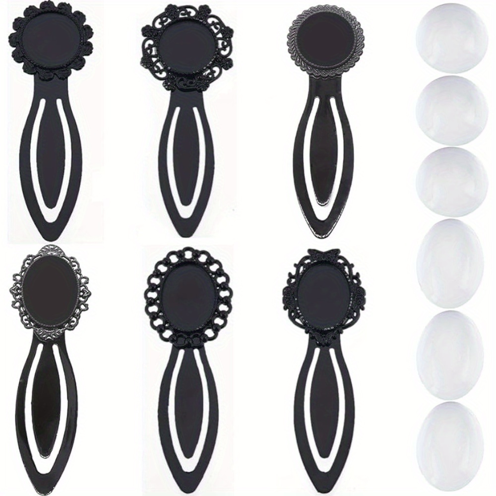 

12 Pcs Diy Cabochon Bookmark Set - Metal Vintage Style Black Bookmarks With Glass Domes - Round & Oval Bezels Tray Book Marks Clips For Crafting