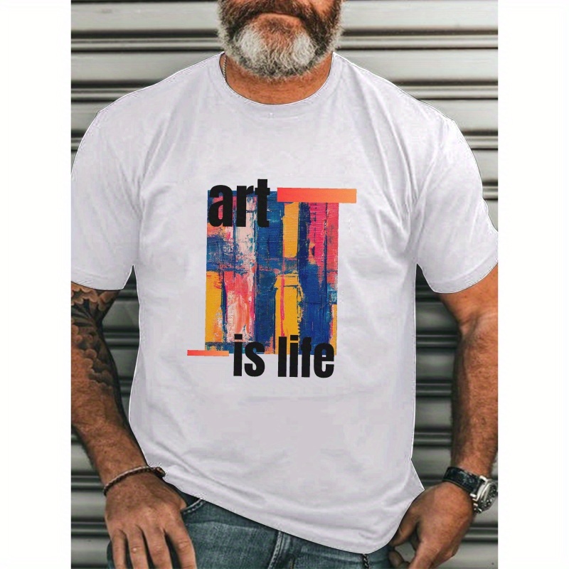 

Art Is Life Print Short Sleeve Tees For Men, Casual Crew Neck T-shirt, Comfortable Breathable T-shirt