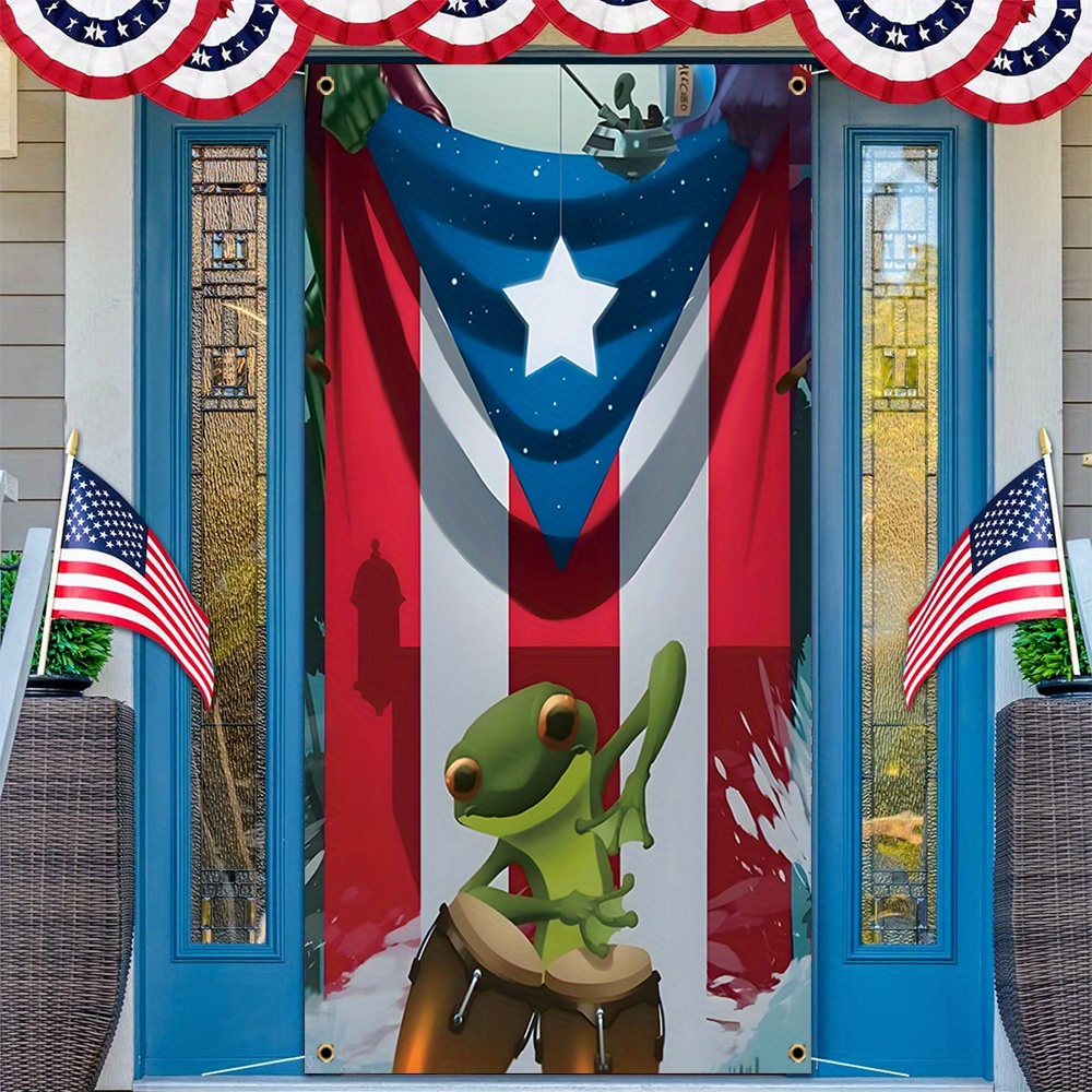 

1pc, Puerto Rico Flag Frog Door Cover Banner, Polyester, Red Blue Stars And Stripes Background Porch Sign Birthday Party Front Door Hanging Banner Home Mural Decor 70x35 Inch