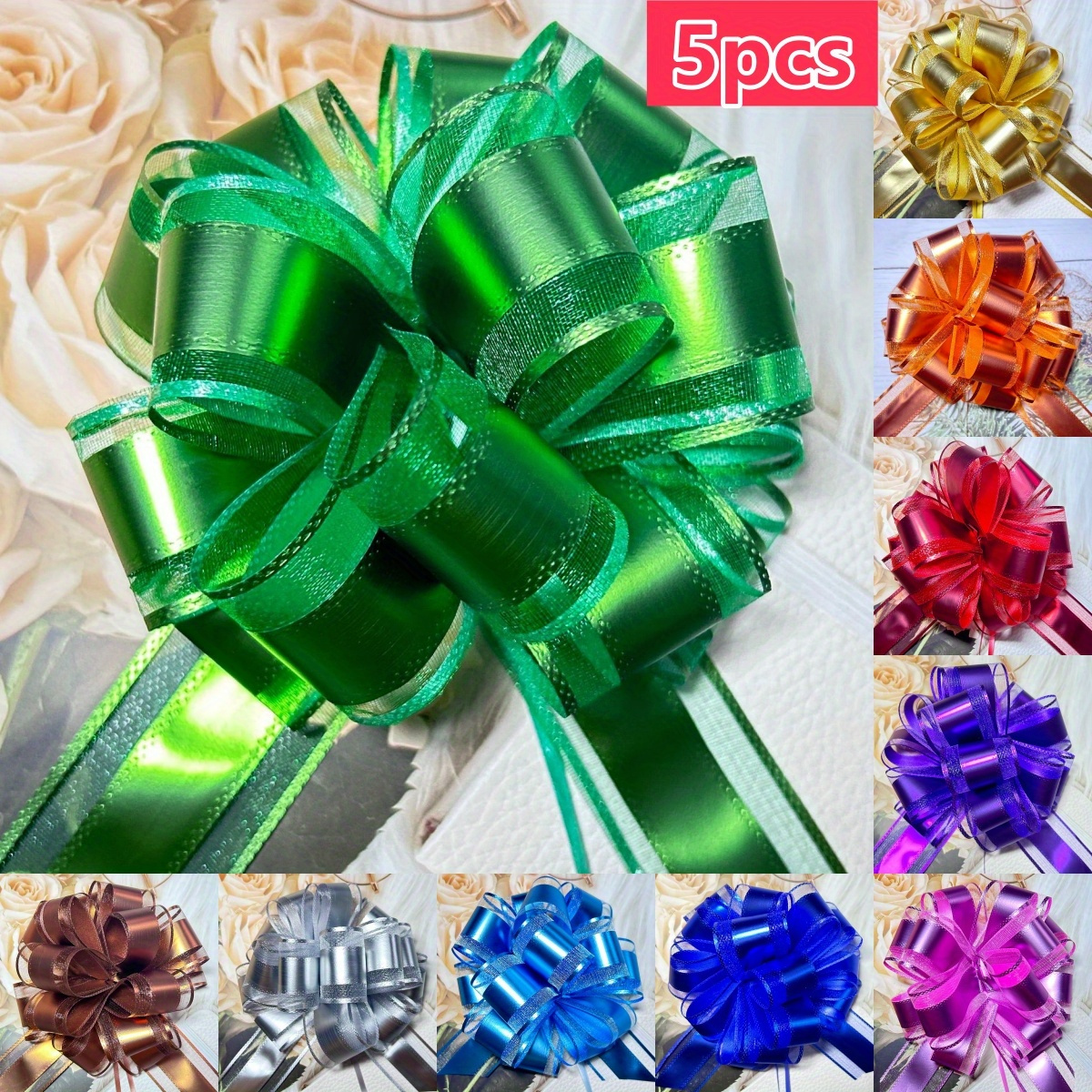 

5pcs/pack, Large Bright Color Metallic Gloss Hand Pull Flower Ball High-end Gift Packaging Decorative Flower, Suitable For Wedding Festival Supplies, Birthday, Christmas, Gifts, Etc