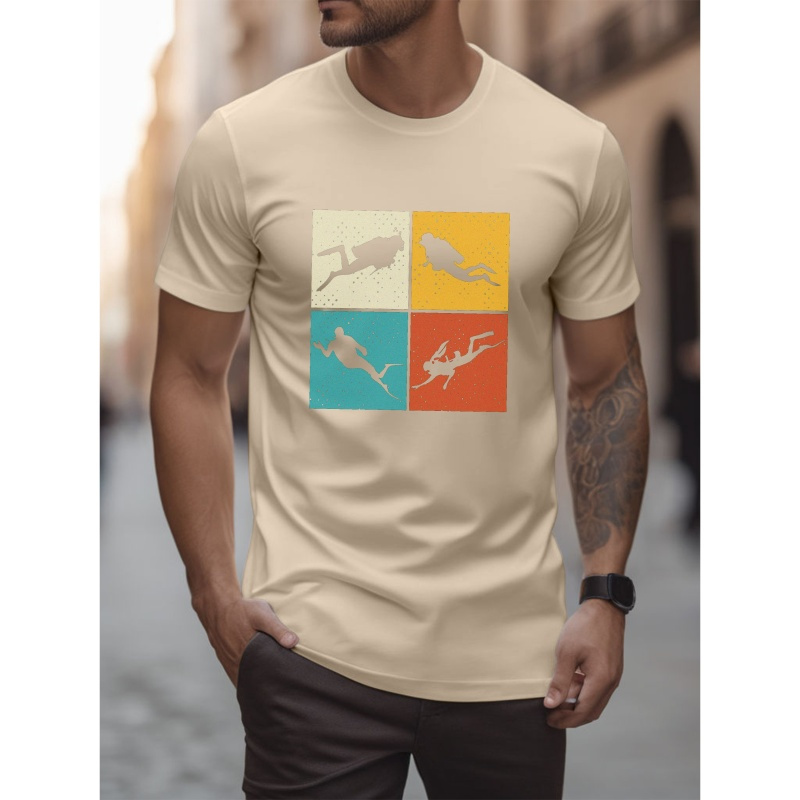 

Diving Print Short Sleeve Tees For Men, Casual Crew Neck T-shirt, Comfortable Breathable T-shirt