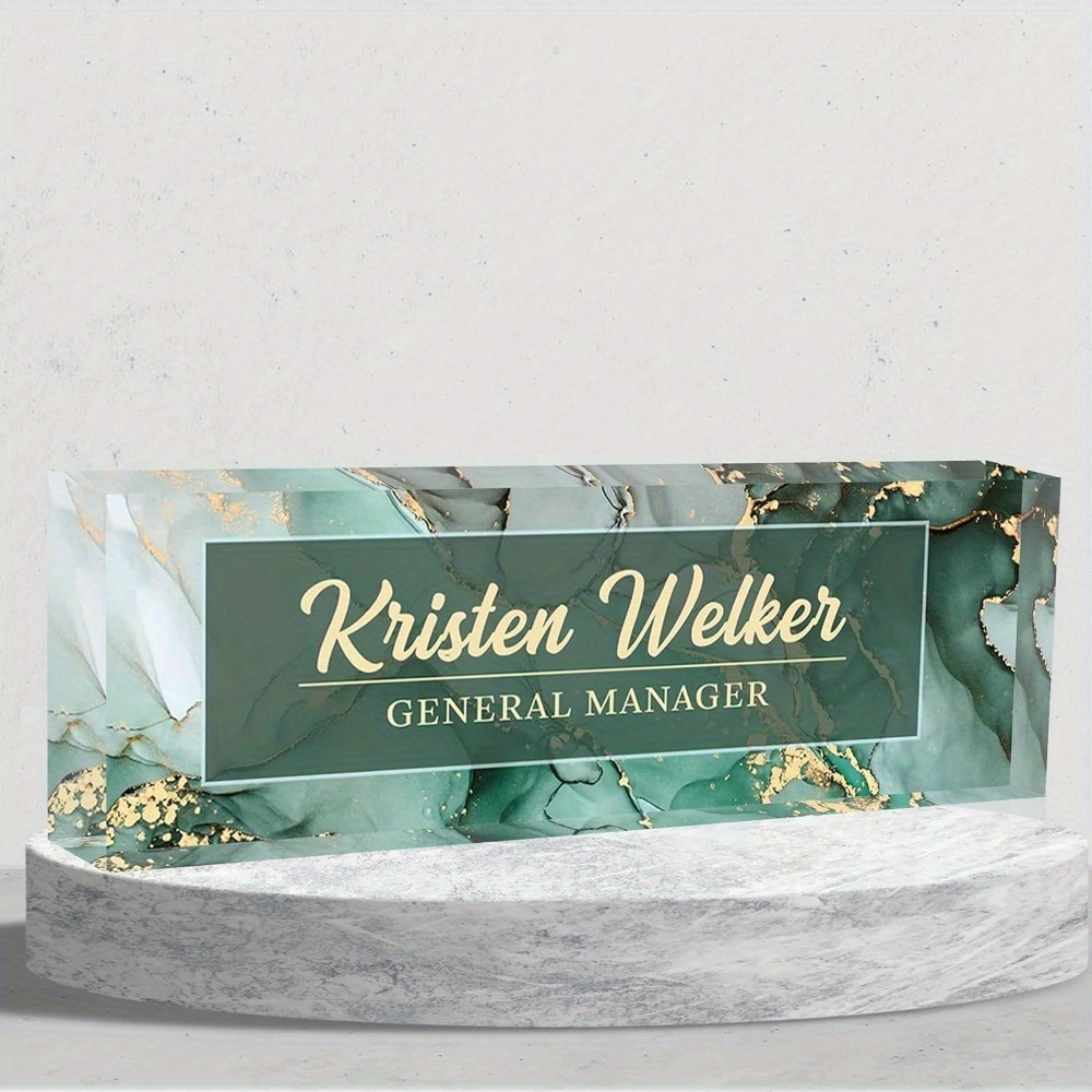 

Custom Marble Acrylic Desk Name Plate With Golden Accents, Personalized Office Nameplate For Boss, Employee, Or Teacher - Uncharged Frame