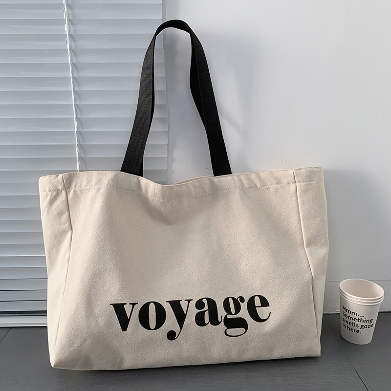 

Large Canvas Tote Bag For Women With "voyage" Lettering, Casual Shoulder Handbag Perfect For Travel & Shopping, Durable School Bag