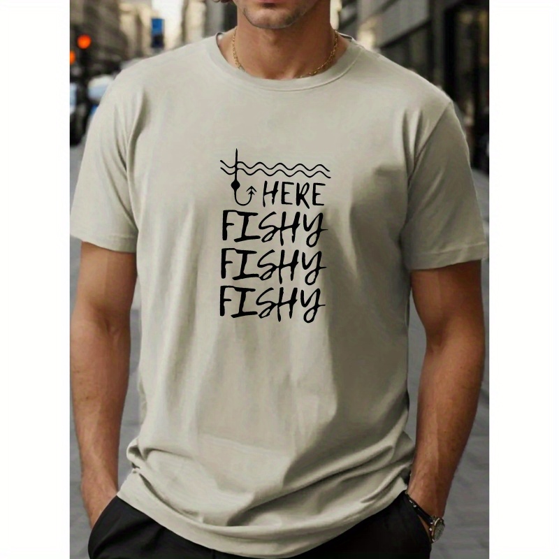 

Plus Size, T-shirt For Men, "here Fishy" Graphic Print Short Sleeve Tees For Big & Tall Males, Outdoor Sports Tops