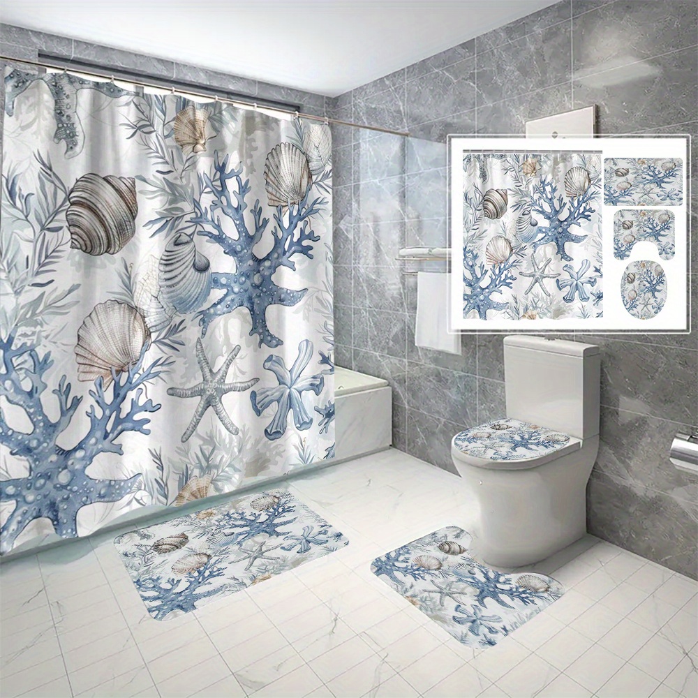 

4pcs Seashell Coral Starfish Pattern Shower Curtain Set, Shower Curtain With 12 Hooks, Non-slip Bath Mat, U-shaped Toilet Mat, Toilet Mat, Bathroom Accessories