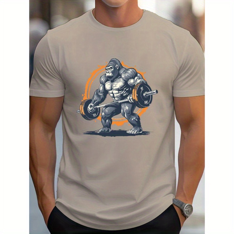 

Gorilla Weightlifting Print Tee Shirt, Tees For Men, Casual Short Sleeve T-shirt For Summer
