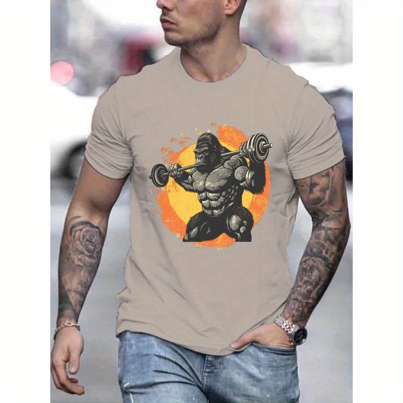 

Muscular Gorilla Weightlifting Print Tee Shirt, Tees For Men, Casual Short Sleeve T-shirt For Summer