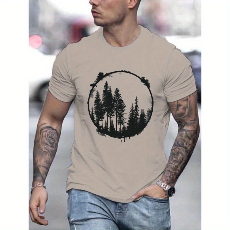 

Forest Silhouette Print Tee Shirt, Tees For Men, Casual Short Sleeve T-shirt For Summer