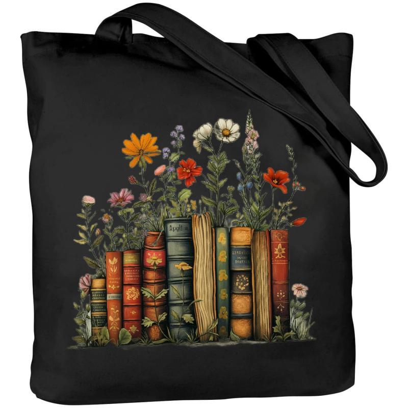 

Flower And Books Pattern Tote Bag, Aesthetic Canvas School Shoulder Bag, Lightweight Grocery Shopping Bag