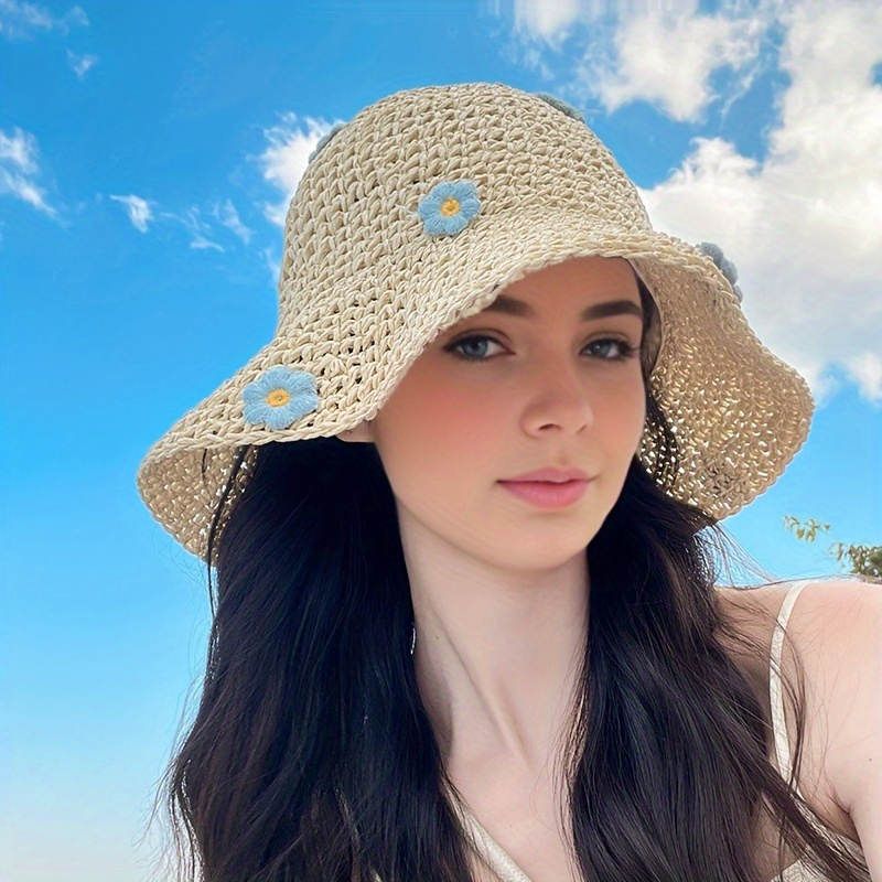 

Cute Rustic Straw Sun Hat With Blue Floral Accents, Wide Brim Beach Hat For Women, Summer Uv Protection, Fashionable Floppy Hat For Seaside & Outdoor Activities