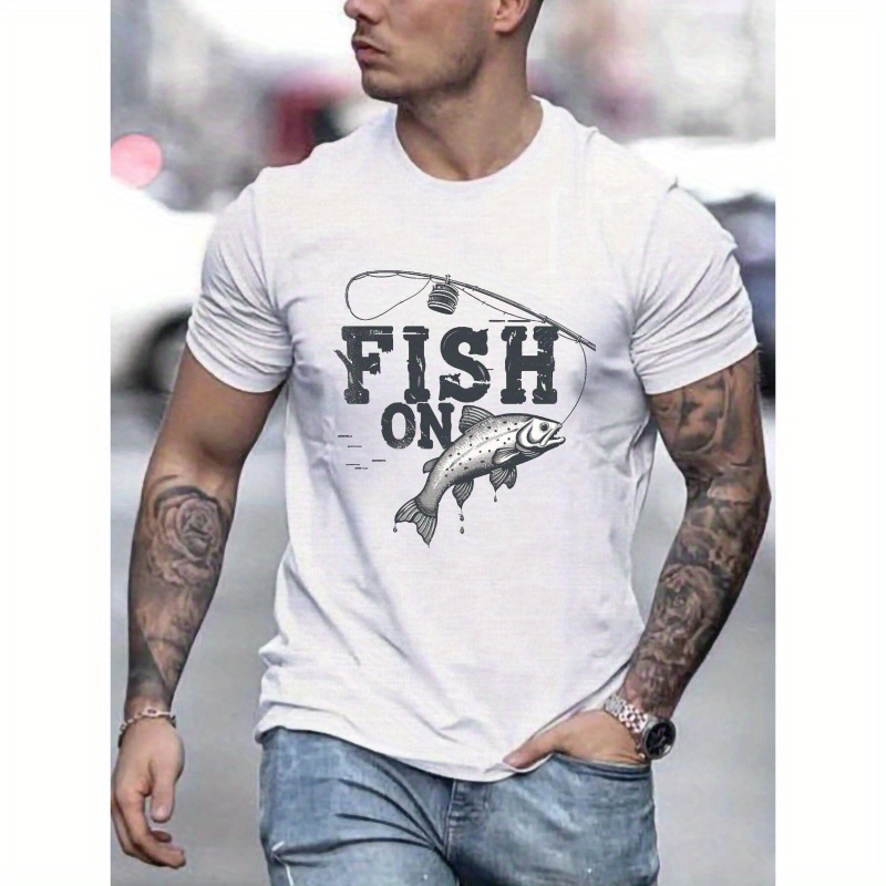 

Fish On Print Tee Shirt, Tees For Men, Casual Short Sleeve T-shirt For Summer