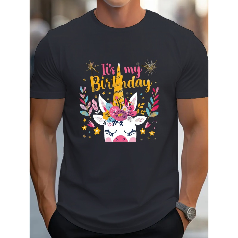 

Unicorn Birthday Print Tee Shirt, Tees For Men, Casual Short Sleeve T-shirt For Summer