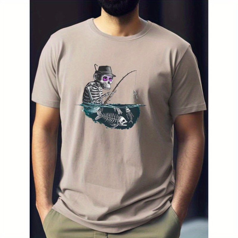 

Monkey Skeleton Fishing Print Tee Shirt, Tees For Men, Casual Short Sleeve T-shirt For Summer