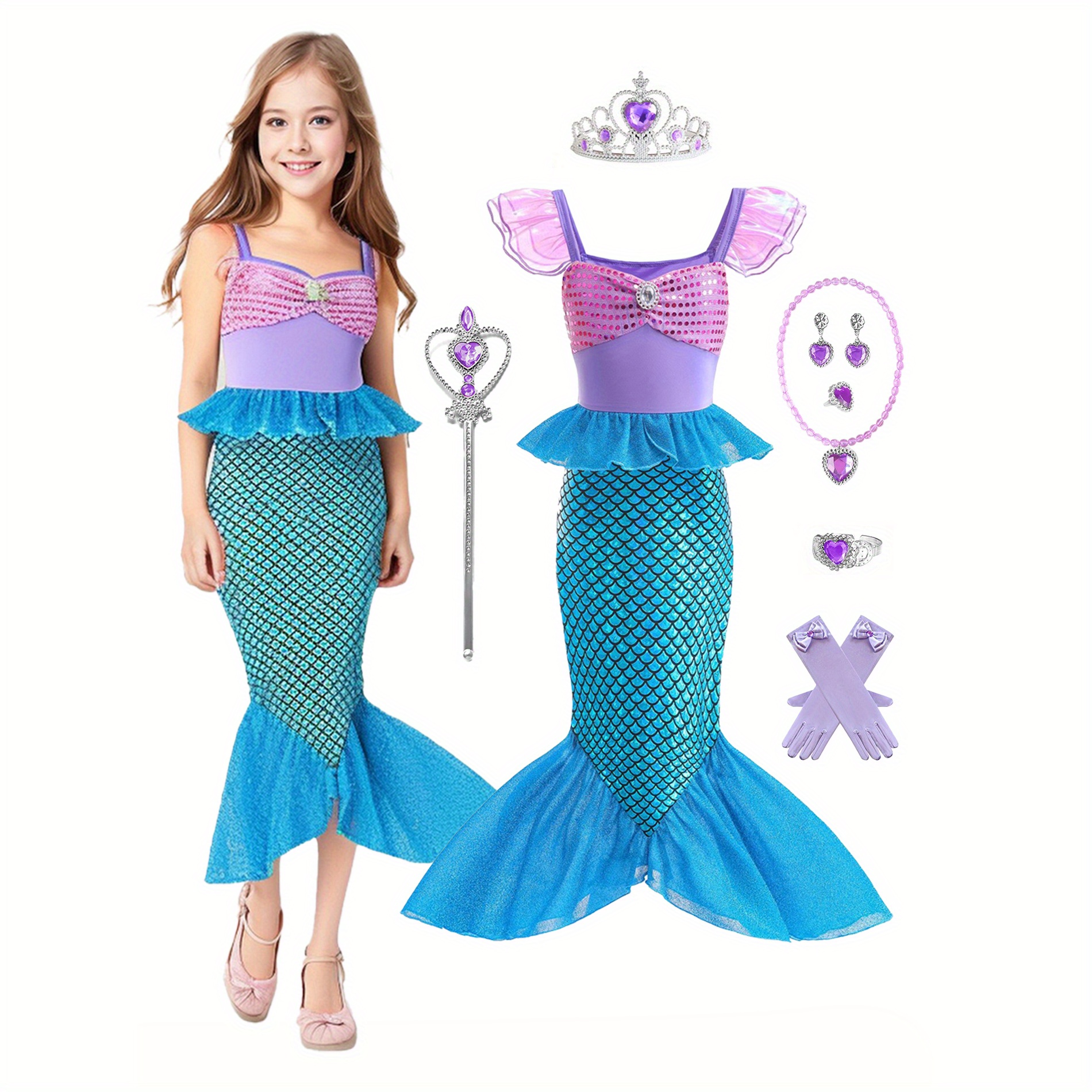 

Girls Ocean Themed Dress-up Outfit, Mesh Flutter Sleeve Artificial Jewel Decor Peplum Mermaid Dress & Gloves & Accessories, Girls Mermaid Princess Clothes