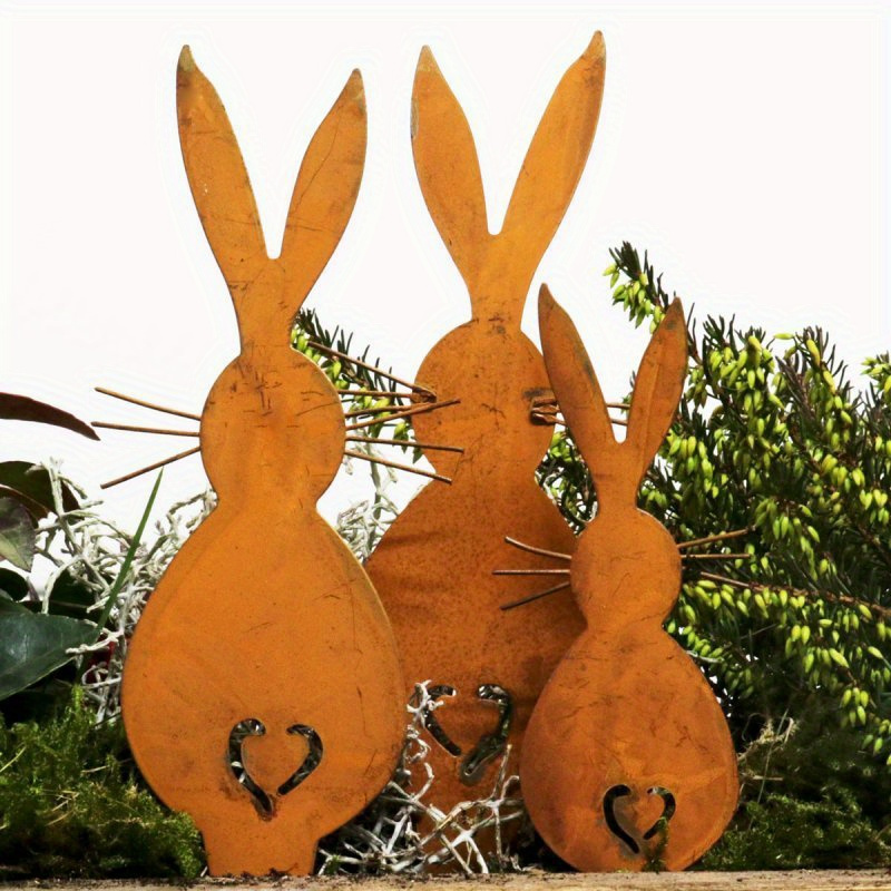 

3pcs Rustic Cast Iron Rabbit Silhouettes With Heart Cutout, Garden Stake Decorations, Easter Yard Art, Country Style Outdoor & Home Decor