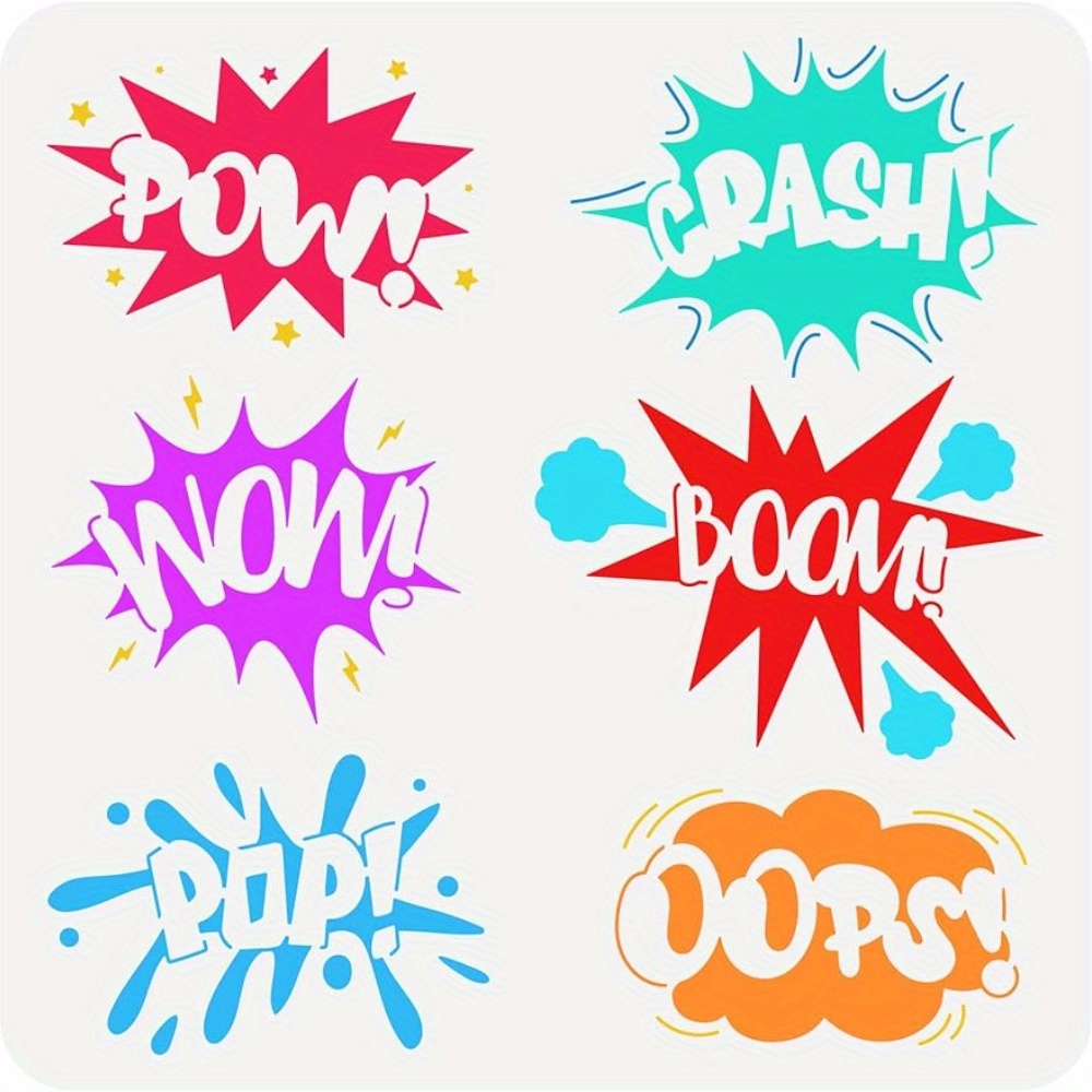 

Comic Text Stencil 11.8x11.8 Inch Plastic Pet Drawing Template Wow Boom Words Stencil Comic Theme Stencil Square Stencil For Wooden Signs Wall Scrapbook