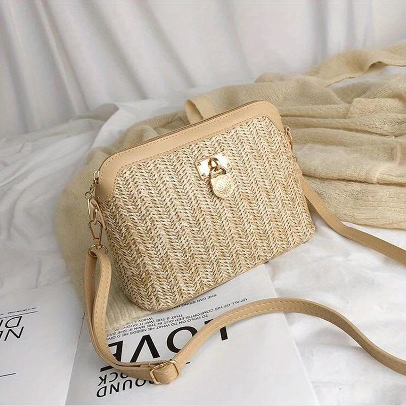 

Women's Summer Straw Shoulder Bag, Casual Woven Bucket Purse With Chains, Beach Travel Handbag